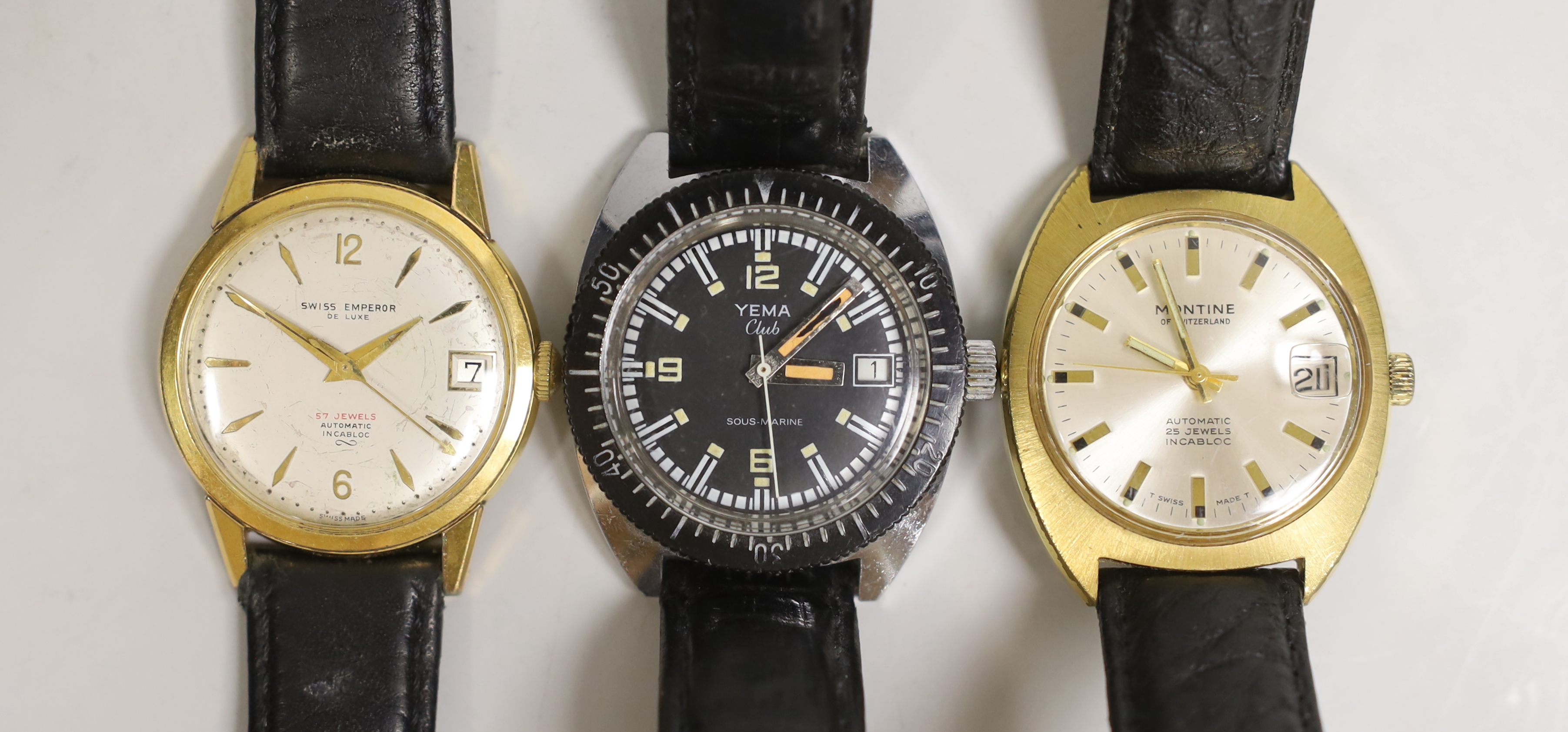 Three gentleman's assorted wrist watches including steel and gold plated Montine automatic and Swiss Emperor De Luxe automatic and a stainless steel Yema Club Sous-Marine.